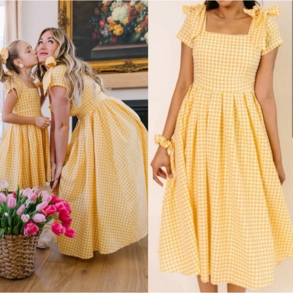 Ivy City Co Dresses & Skirts - IVY CITY CO Briar Yellow Gingham Midi Dress XL Smocked Bows Pleated Country Chic